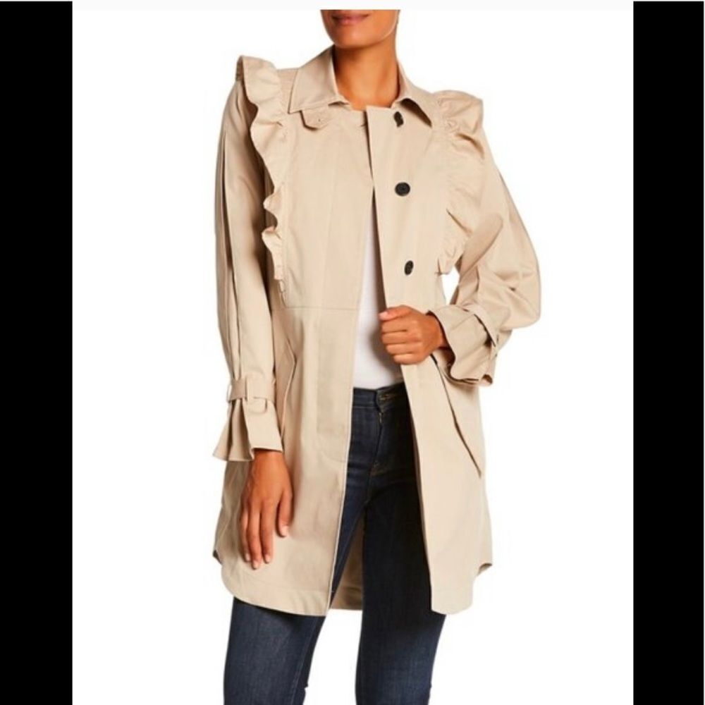 NEW Joieย Gila ruffle trim long lightweight trench jacketโcoat beige L